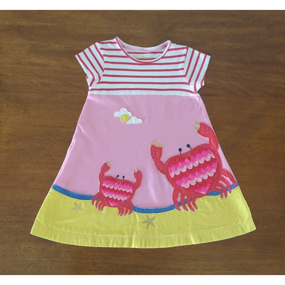 Mini Boden girl's Applique Jersey Dress In Pink Lemonade Crabs Dress 5/6 GUC